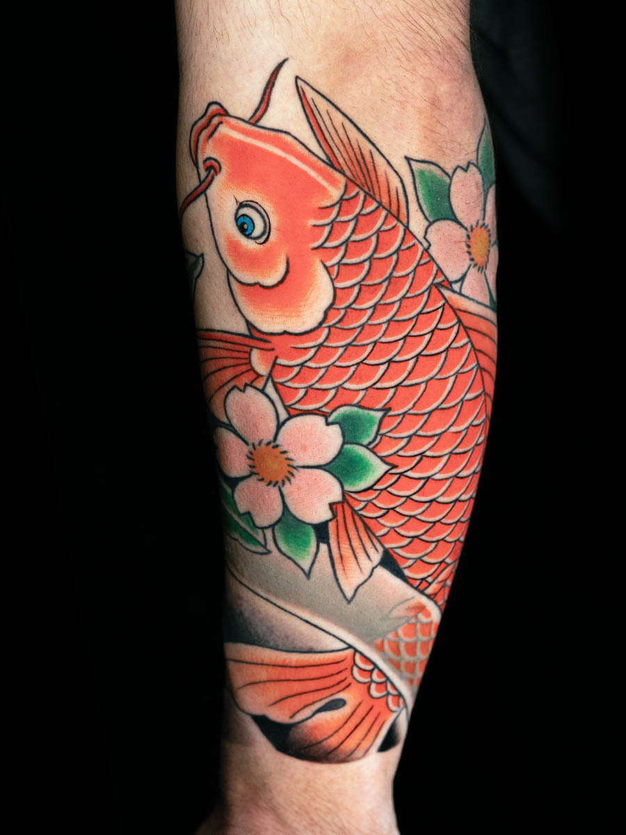 Jonathan koi botan lower sleeve Japanese tattoo Atlanta Georgia by Brian Bennett at Ink and Dagger