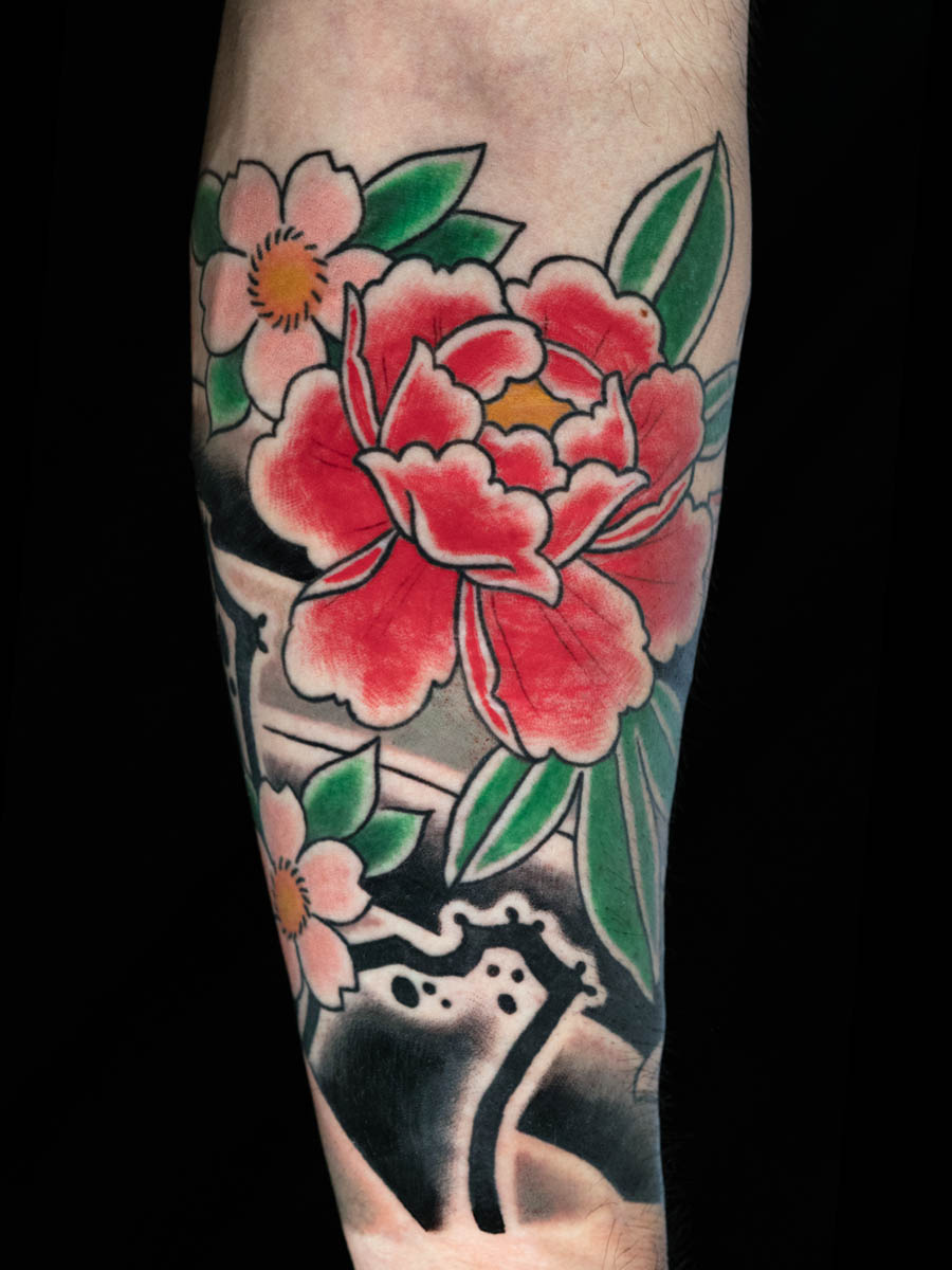 Jonathan botan peony lower sleeve Japanese tattoo Atlanta Georgia by Brian Bennett at Ink and Dagger