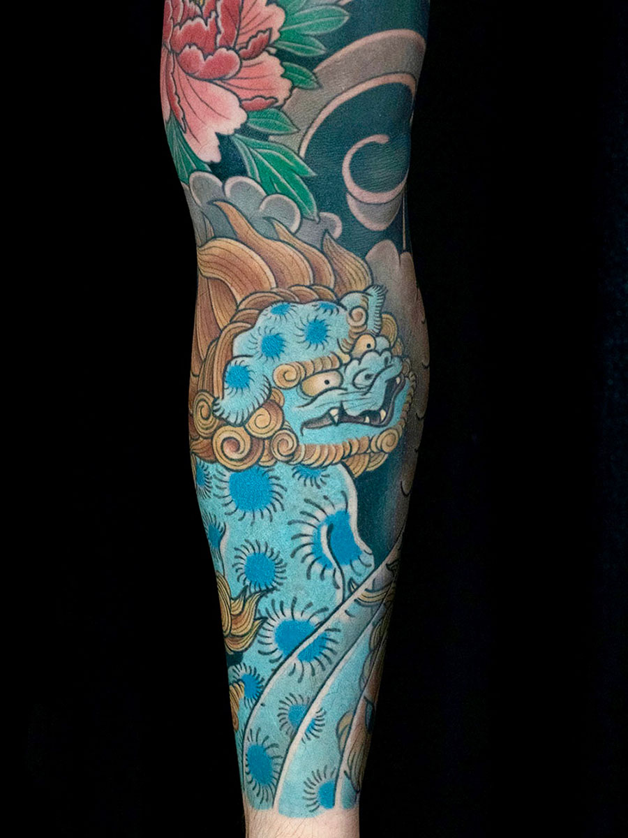 Jordan karashishi botan leg sleeve full composition Japanese tattoo Atlanta Georgia by Brian Bennett at Ink and Dagger — foo dog peony cherry blossom
