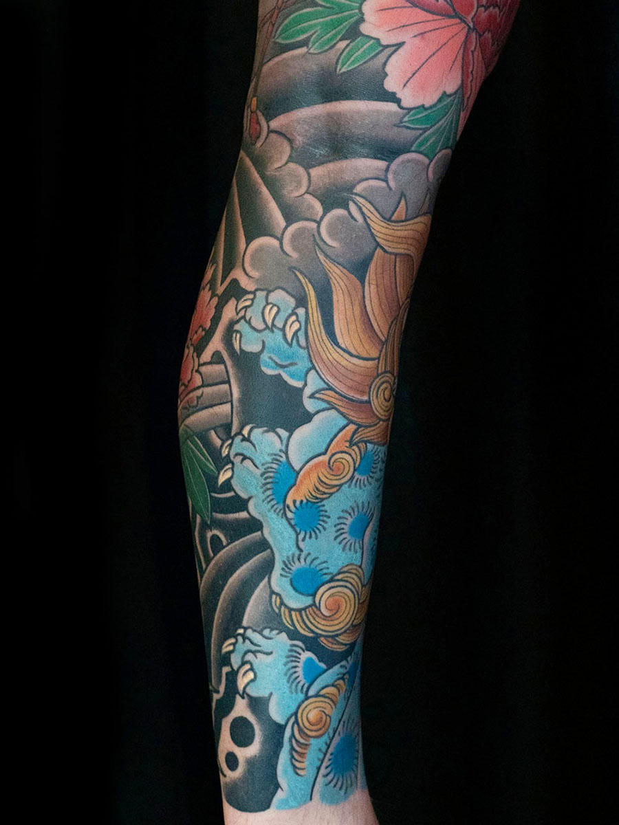 Jordan botan sakura leg sleeve peony cherry blossom panel Japanese tattoo Atlanta Georgia by Brian Bennett at Ink and Dagger