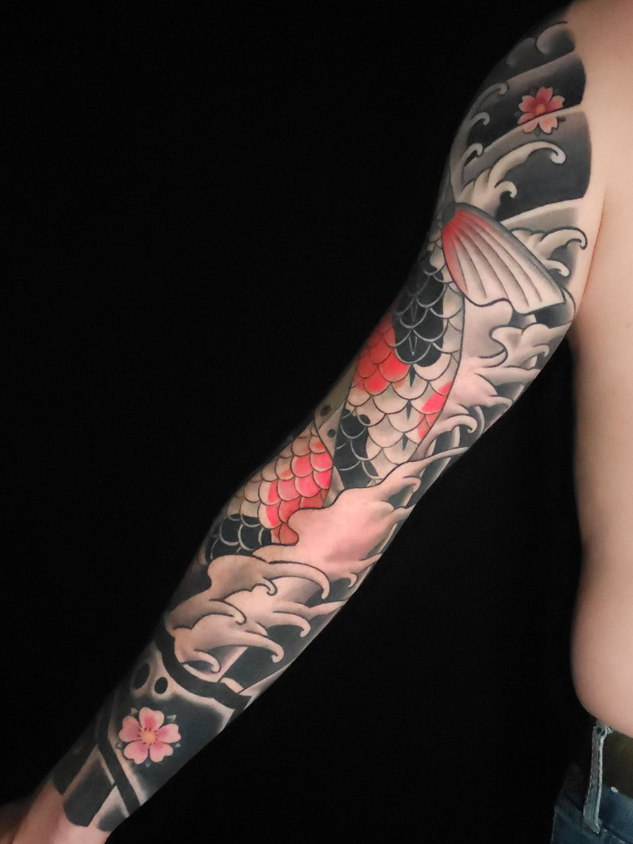 Joseph koi sleeve inner elbow detail koi head cherry blossom Japanese tattoo Roswell Georgia by Brian Bennett