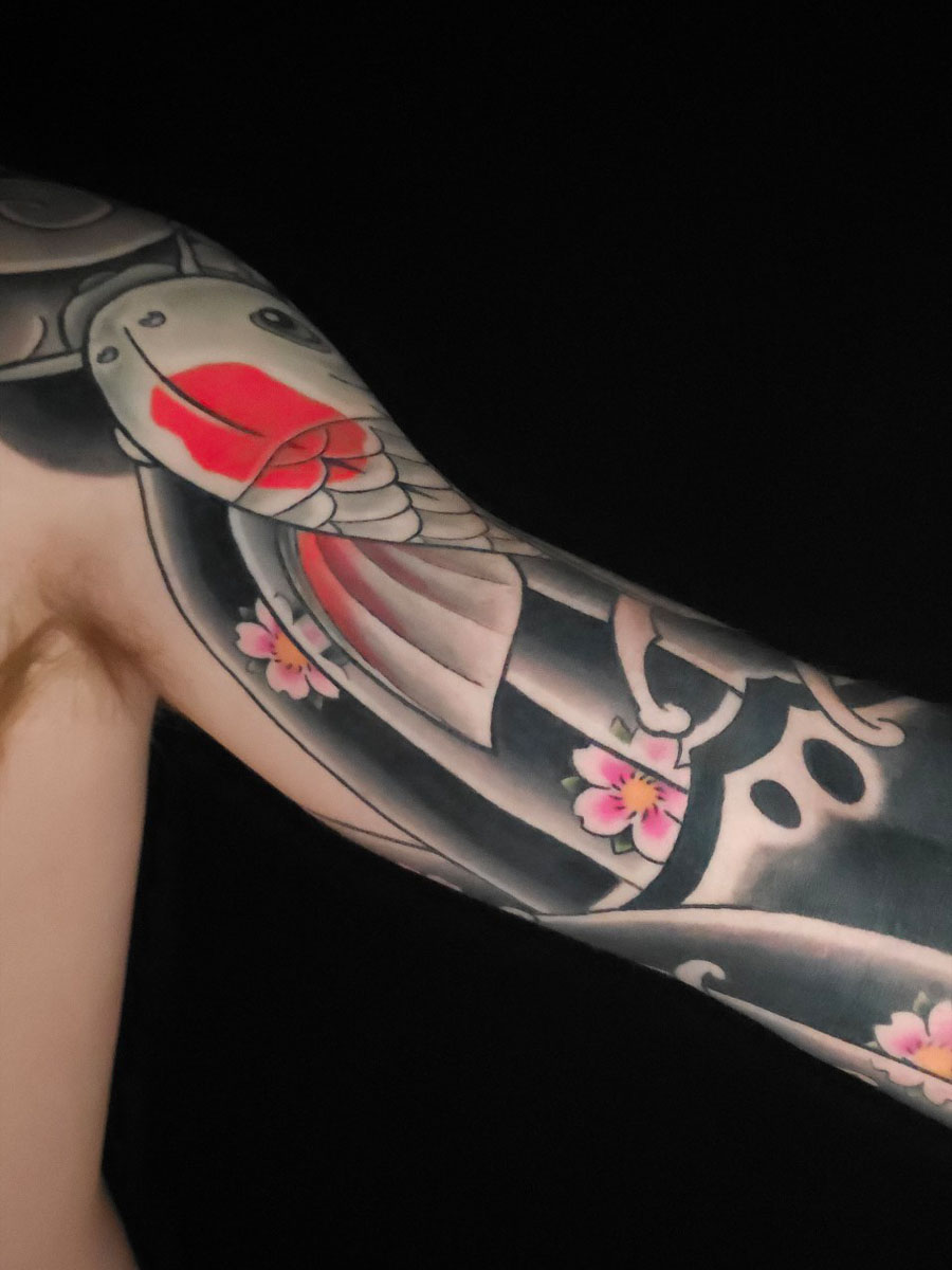 Joseph koi sleeve wrist inner arm black wave cherry blossom Japanese tattoo Roswell Georgia by Brian Bennett