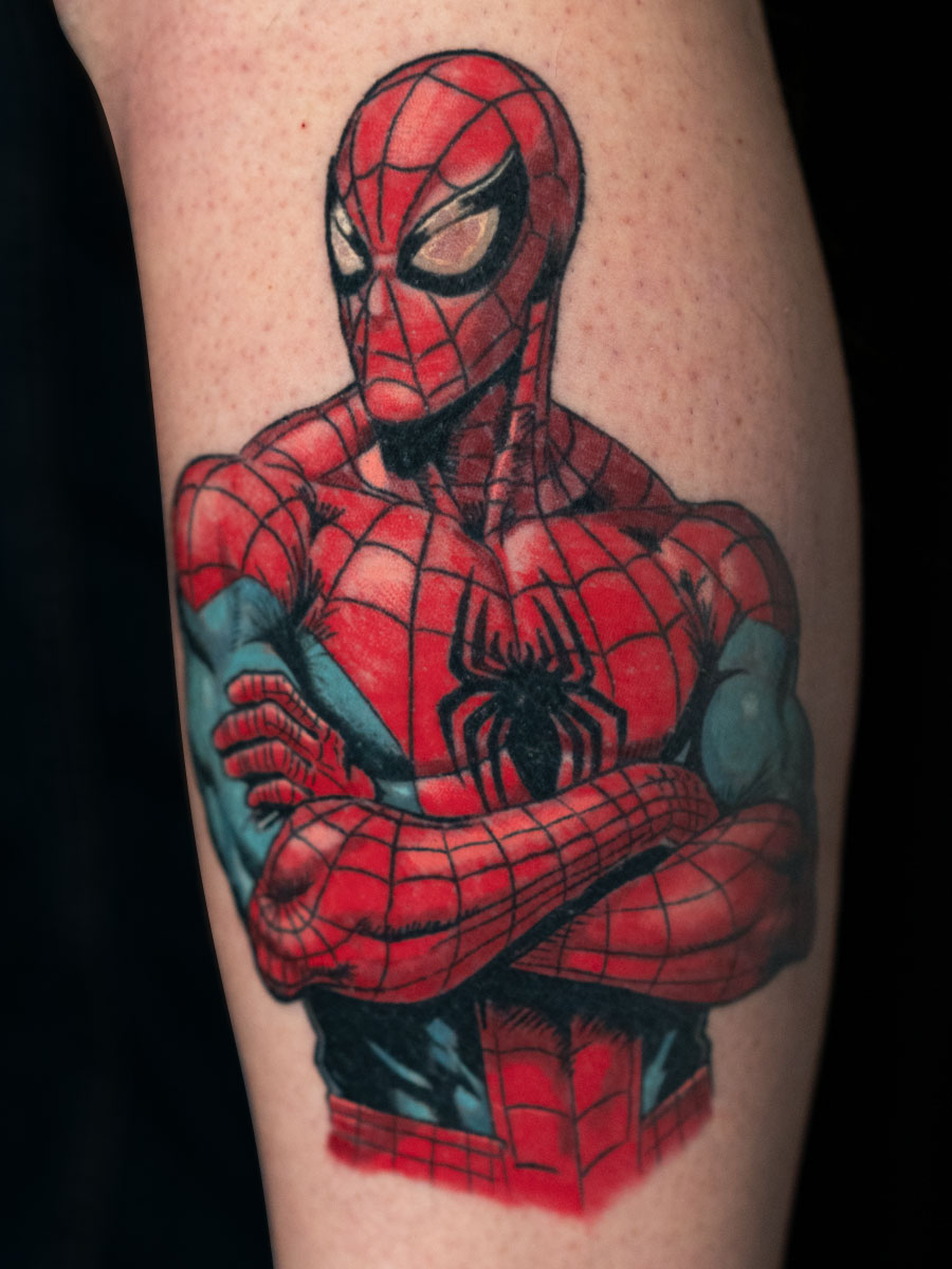 Spider-Man comic style tattoo Roswell Georgia by Brian Bennett at Ink and Dagger — Marvel character tattoo Atlanta
